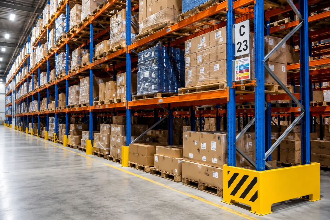 Magazijngang met palletstellingen en gele aanrijdbeveiliging bij de hoekstaanders