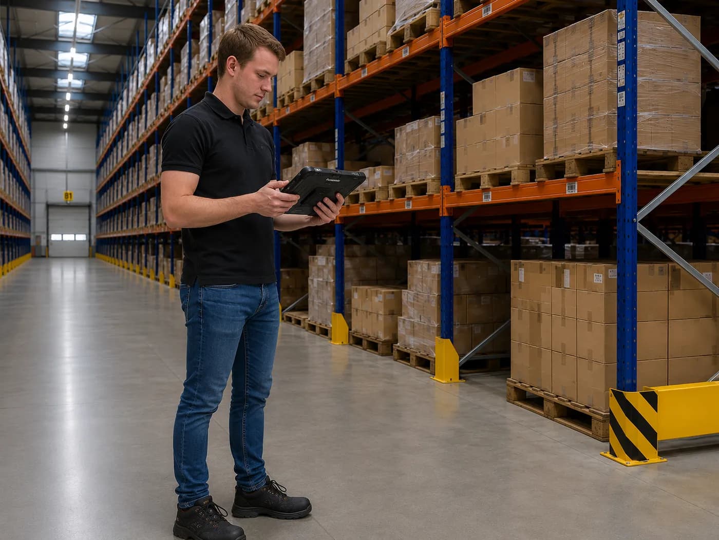 Stellinginspecteur legt bevindingen vast op een tablet naast een palletstelling met aanrijdbeveiliging