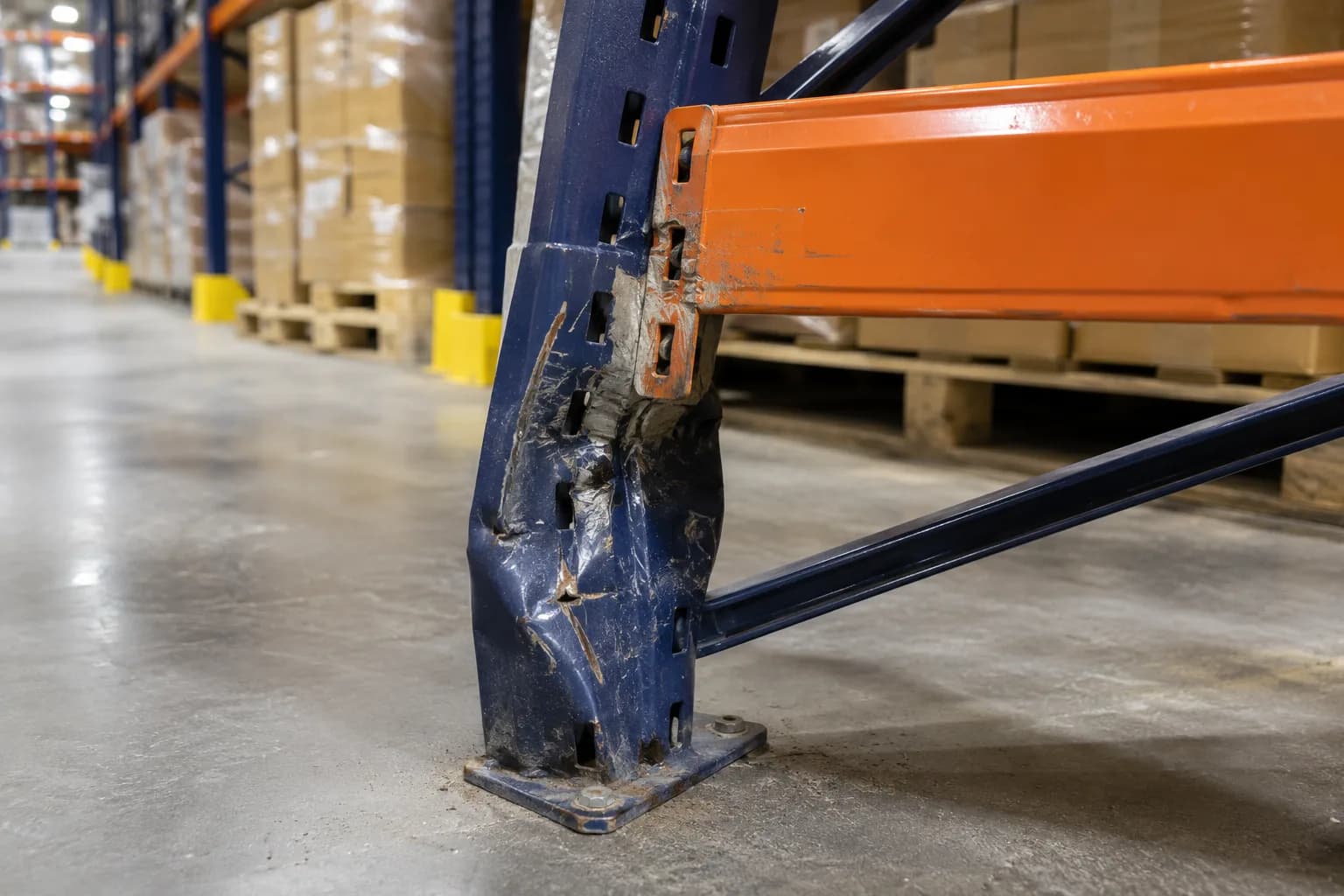Ernstig ingedeukte staander bij de voetplaat van een palletstelling, waar de ligger op is bevestigd